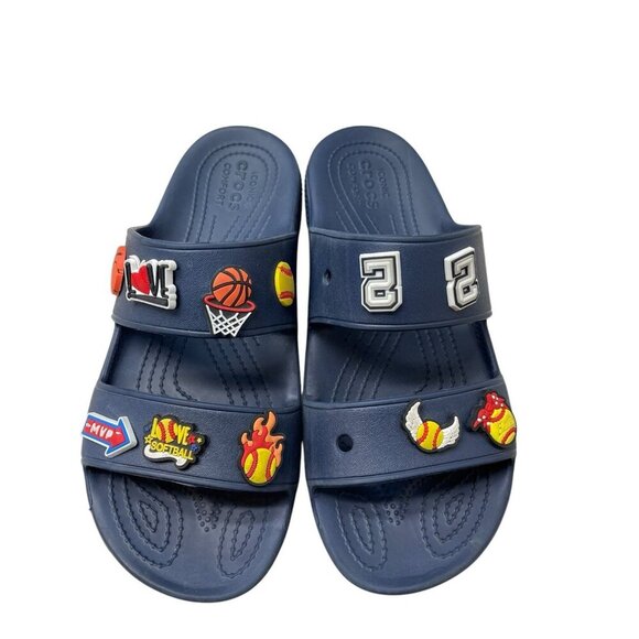Crocs Slides Sandals Unisex Navy Blue Jibbitz Included M8 W10 - Picture 2 of 7